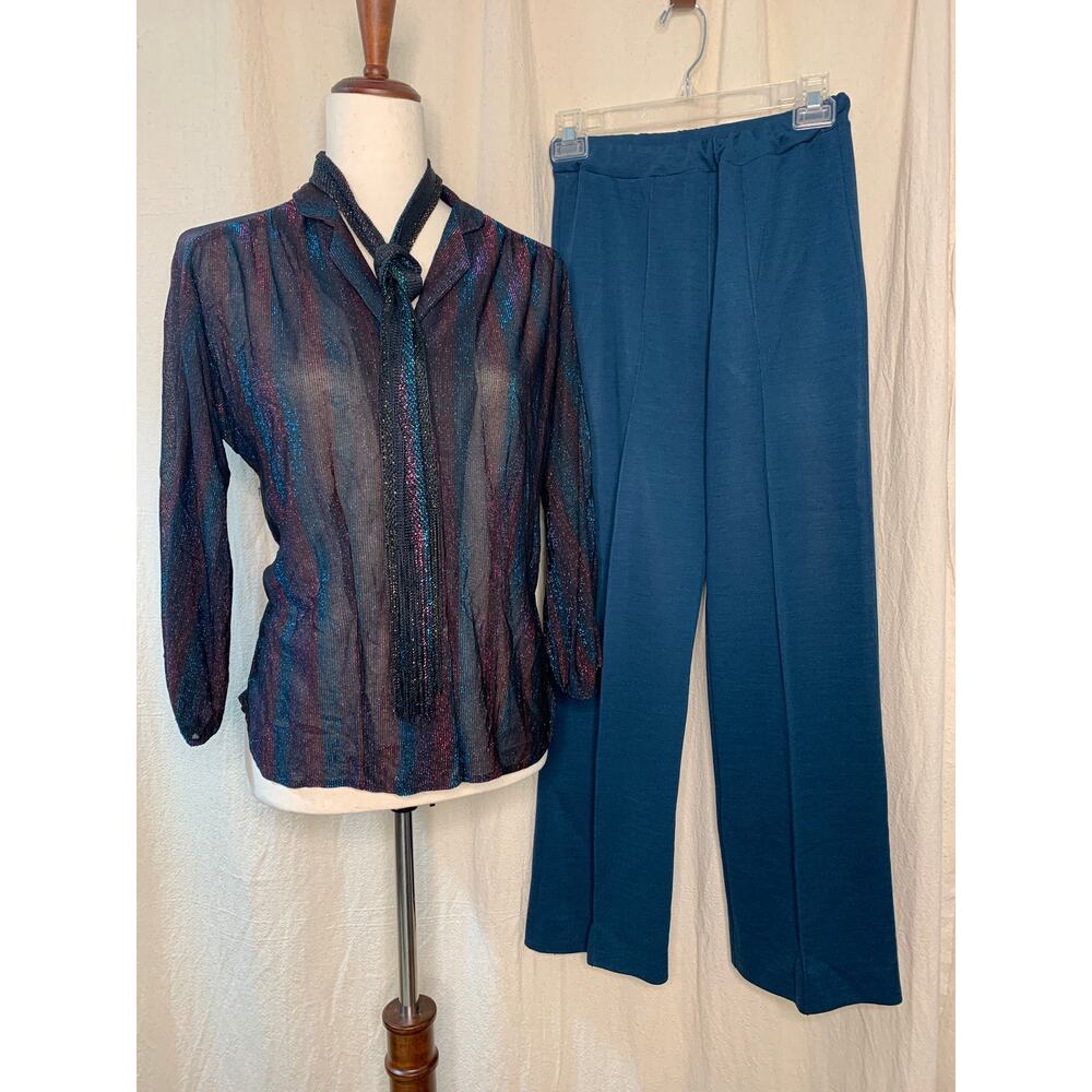 1970s Stoplight Disco Shiny Rainbow Metallic Bowtie Shirt Bell Bottom Pants M